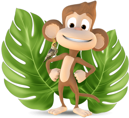 Alex beždžionė - mini golfo dekoracija tarp džiunglių augalų